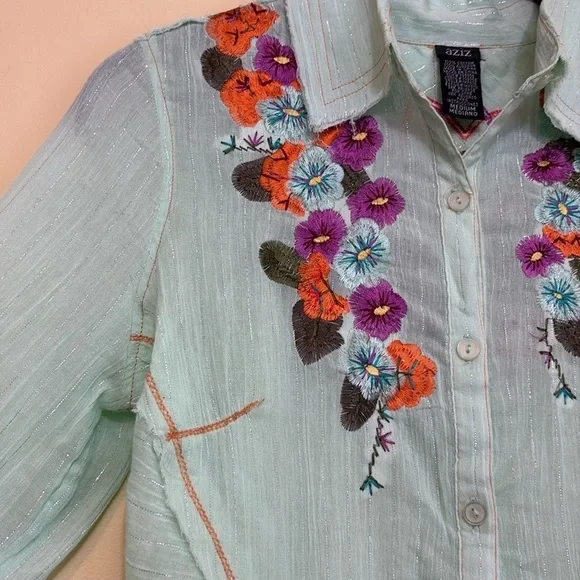 Aziz | Mint Green Floral Embroidered Metallic Thread Cotton Button Up Shirt M - Picture 16 of 17